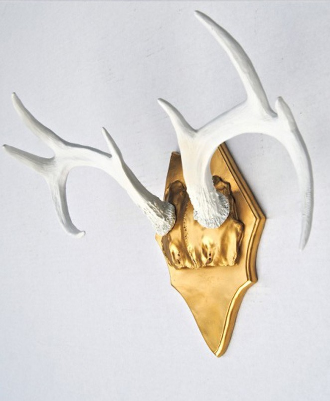 Faux Deer Antlers White Antler Rack On Gold Plaque Wall Mount