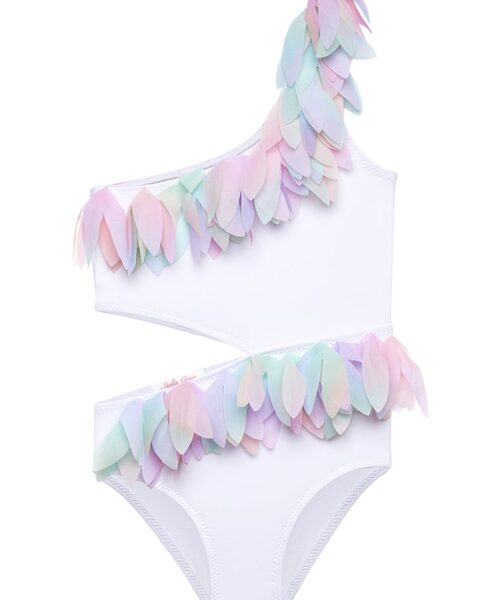 White Side Cut Swimsuit With Unicorn Petals