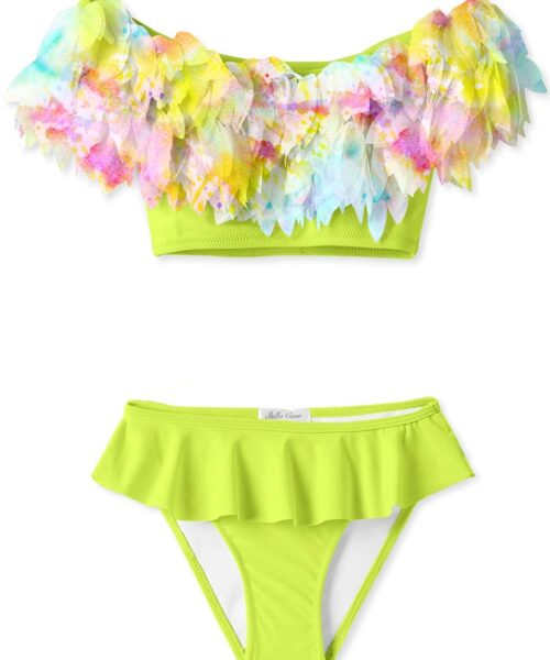 Neon Yellow Drape Bikini With Citrus Petals