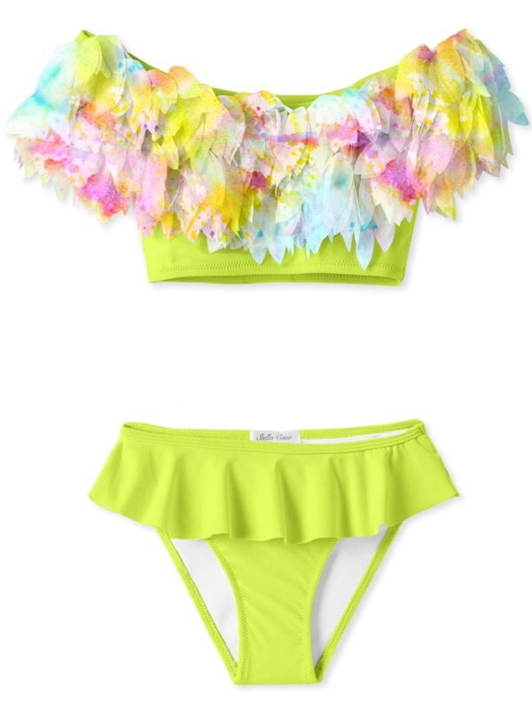 Neon Yellow Drape Bikini With Citrus Petals