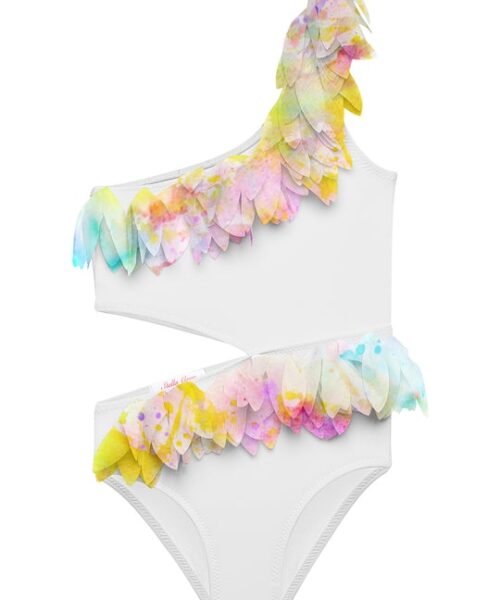 White Side Cut Swimsuit With Citrus Petals