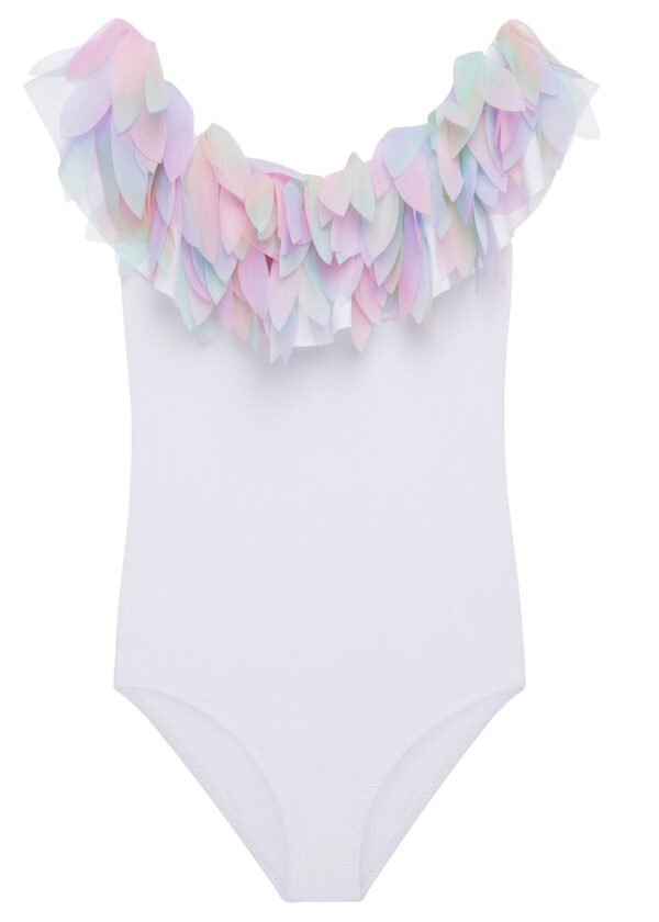 White Drape Swimsuit With Unicorn Petals